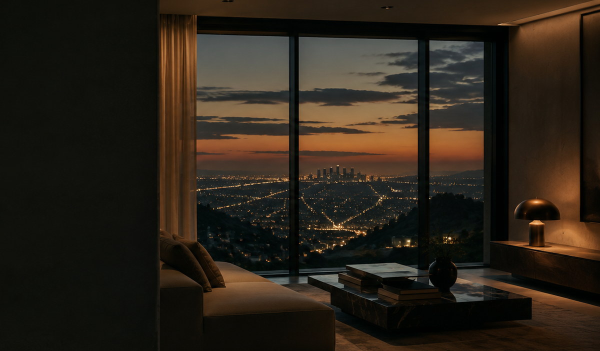 Dark contemporary apartment interior at dusk with a city view
