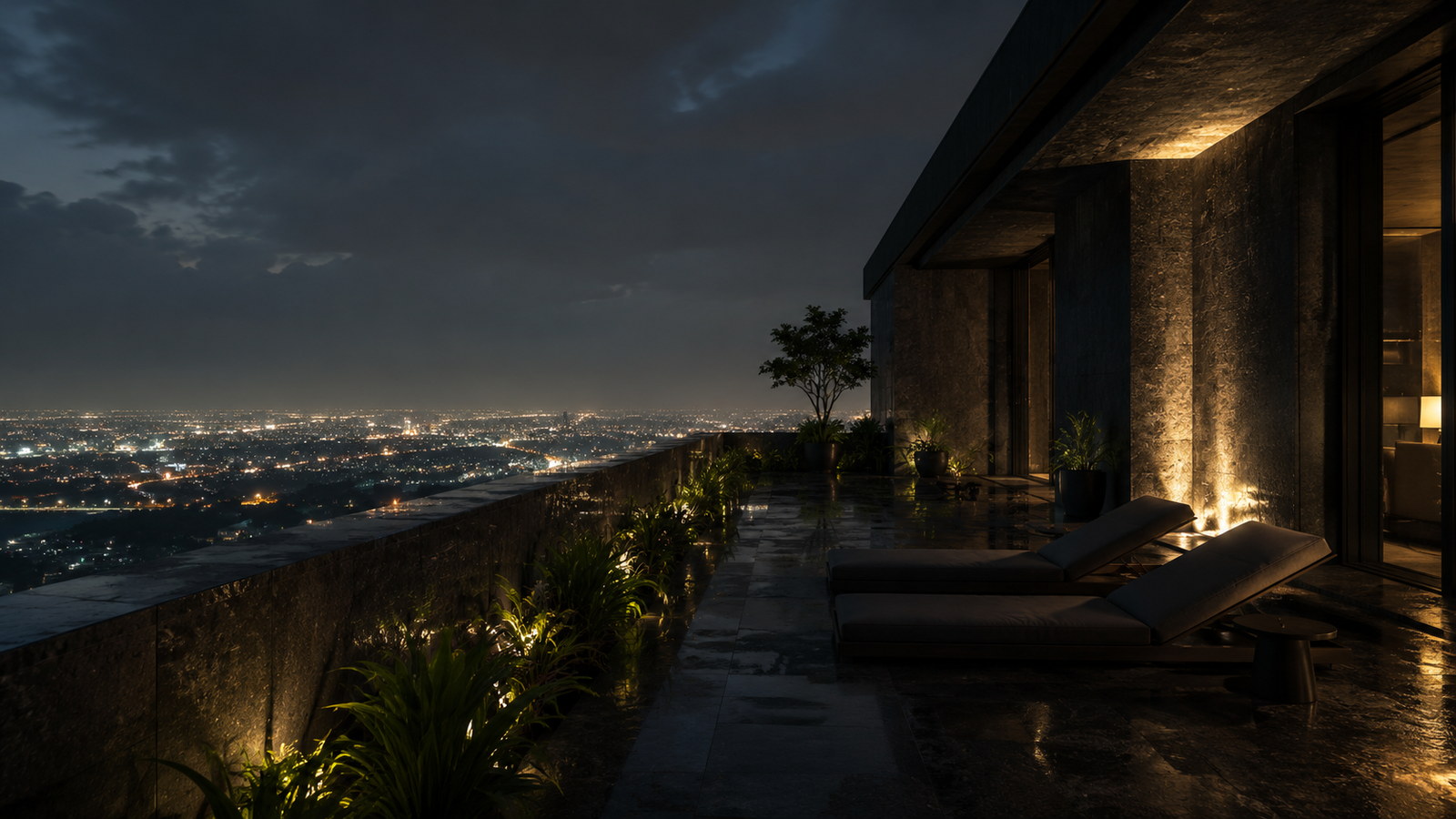Terrace above the lights of the Medellín valley at night