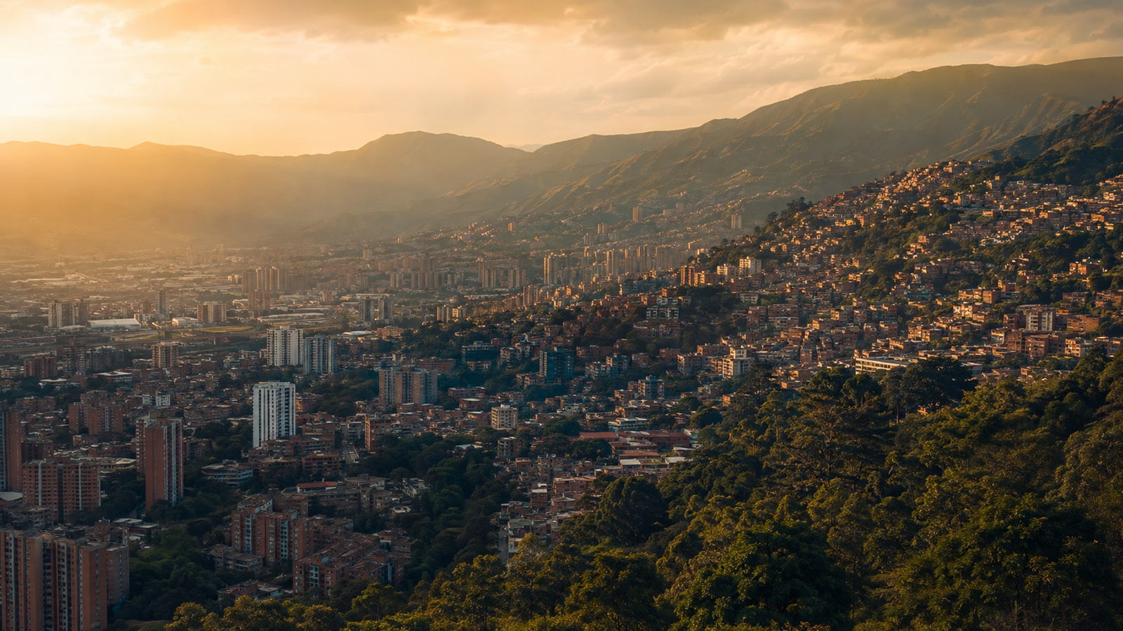 The Medell&iacute;n valley at golden hour, hillside neighbourhoods rising toward the ridge